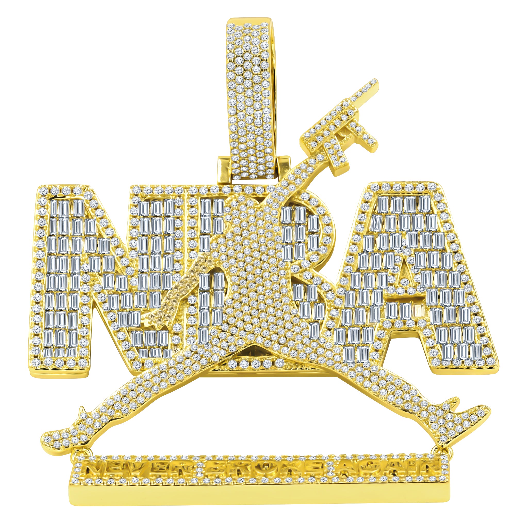 CEASELESS Moissanite Pendant featuring 'Never Broke Again' engraving on brass, adorned with hand-set cubic zircon stones.