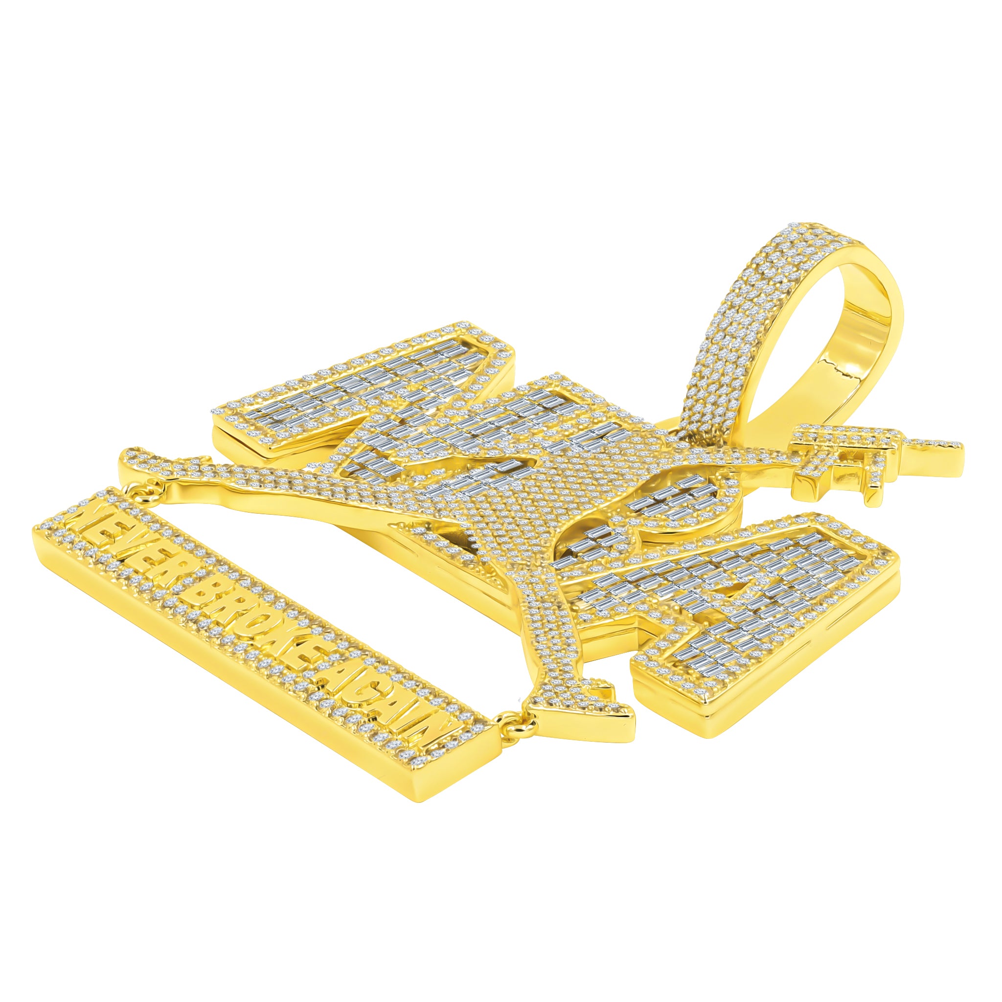 CEASELESS Moissanite Pendant featuring 'Never Broke Again' engraving on brass, adorned with hand-set cubic zircon stones.