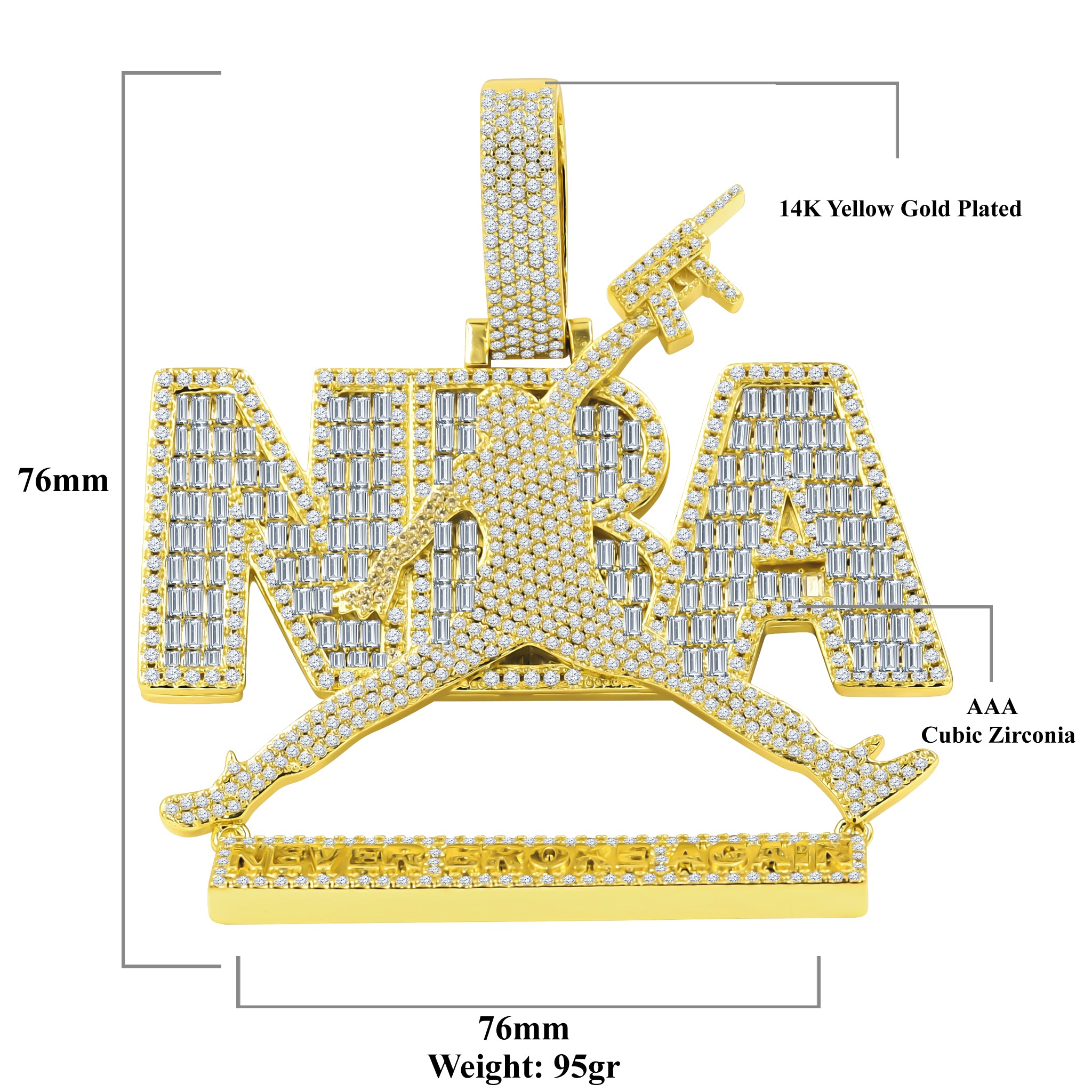CEASELESS Moissanite Pendant featuring 'Never Broke Again' engraving on brass, adorned with hand-set cubic zircon stones.