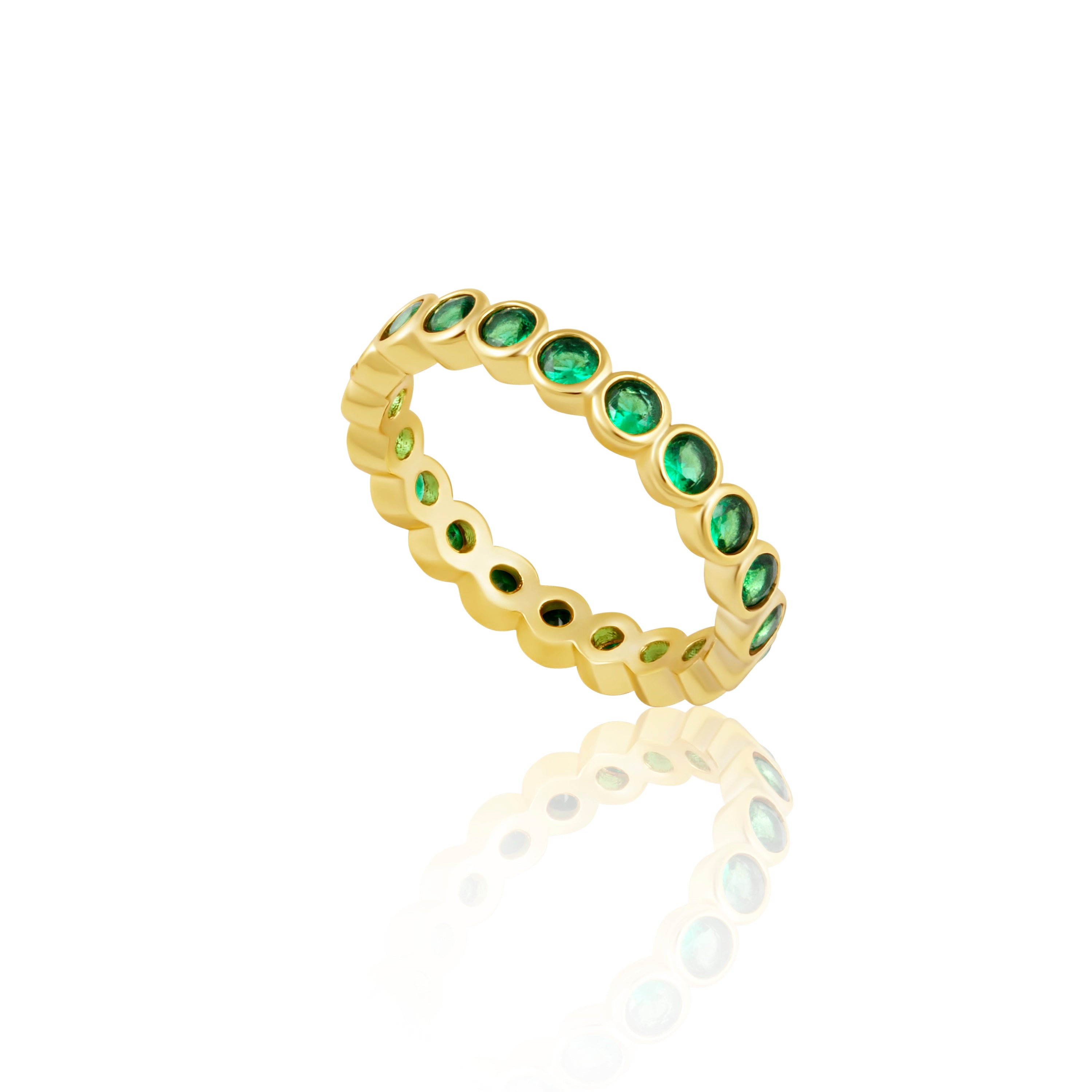 Celeste Eternity Ring featuring emerald stones set in 18k gold filled over sterling silver, showcasing an elegant and stackable design.
