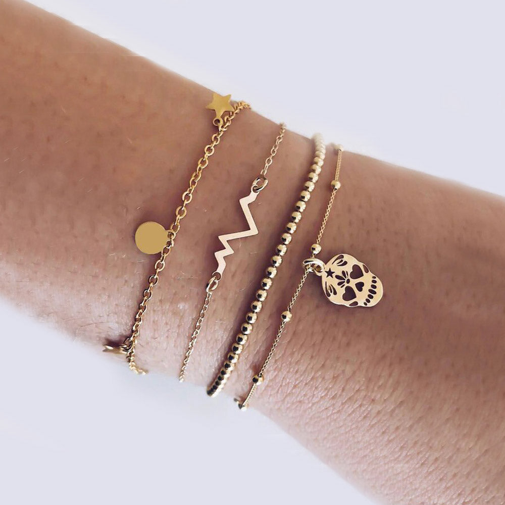 Celestial Marble Crystals and Gemstone 5 Piece Bracelet Set featuring 14K gold plating, black marble design, and white crystal accents.