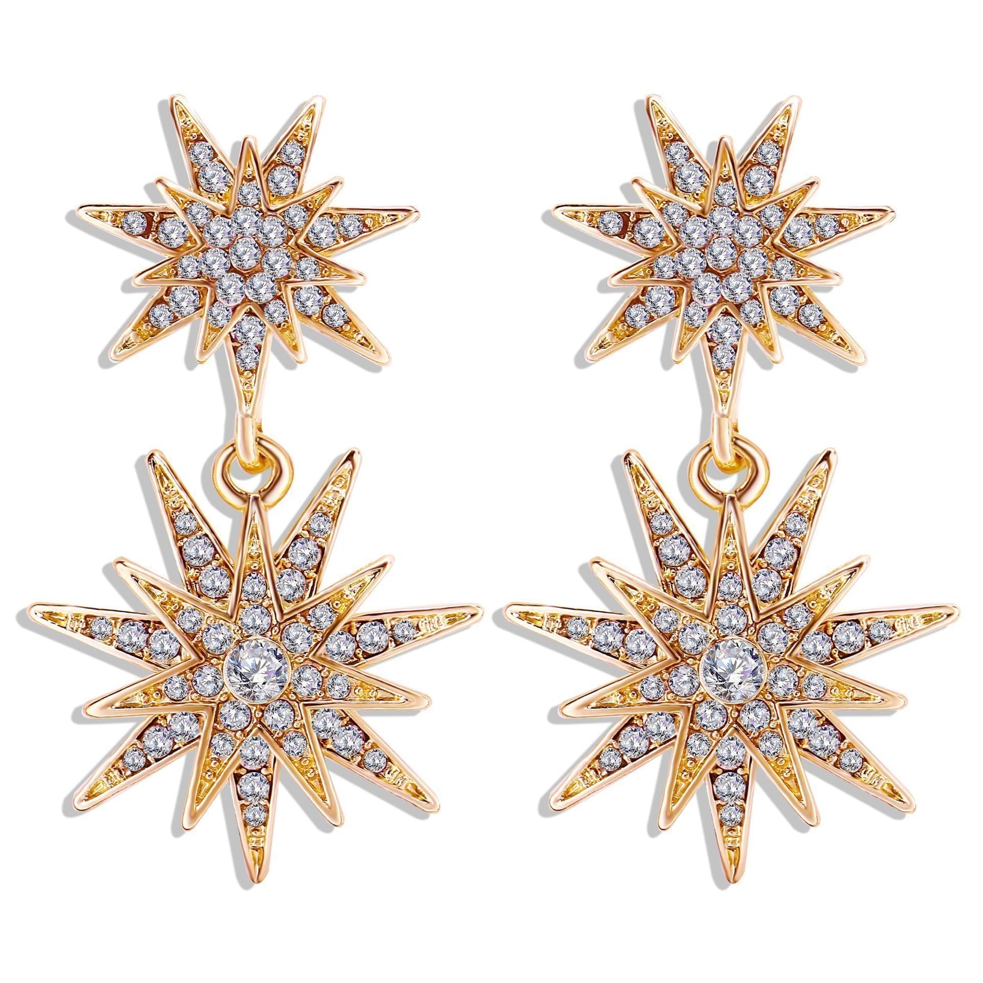 Elegant Celestial Star Drop Earrings featuring gemstone crystals and 18K gold plating, showcasing a luxurious design.