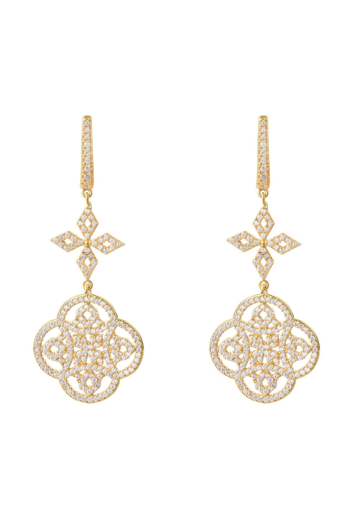 Elegant Celtic Knot Clover Drop Earrings in gold with zircon detailing, showcasing intricate design and luxurious craftsmanship.