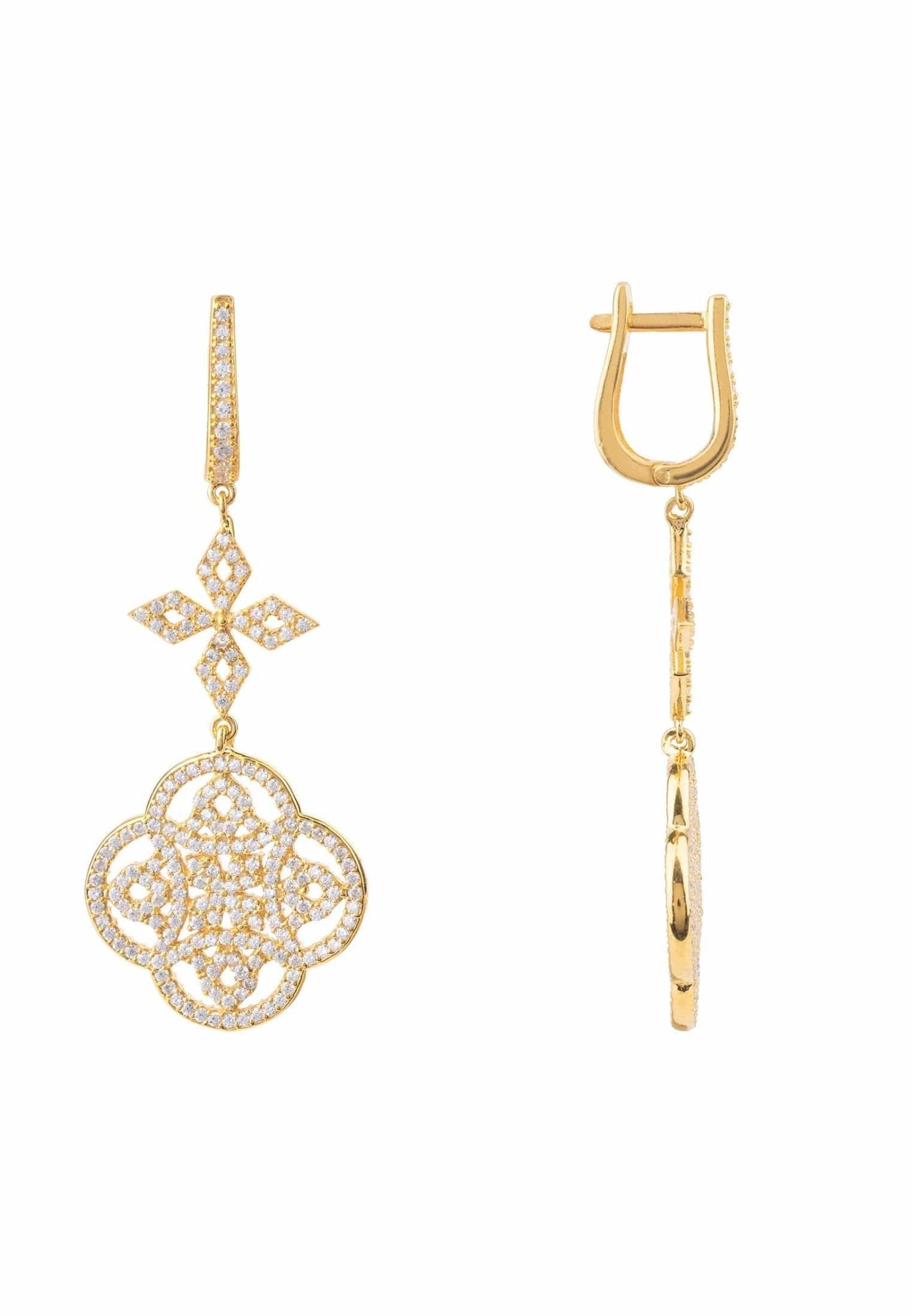 Elegant Celtic Knot Clover Drop Earrings in gold with zircon detailing, showcasing intricate design and luxurious craftsmanship.