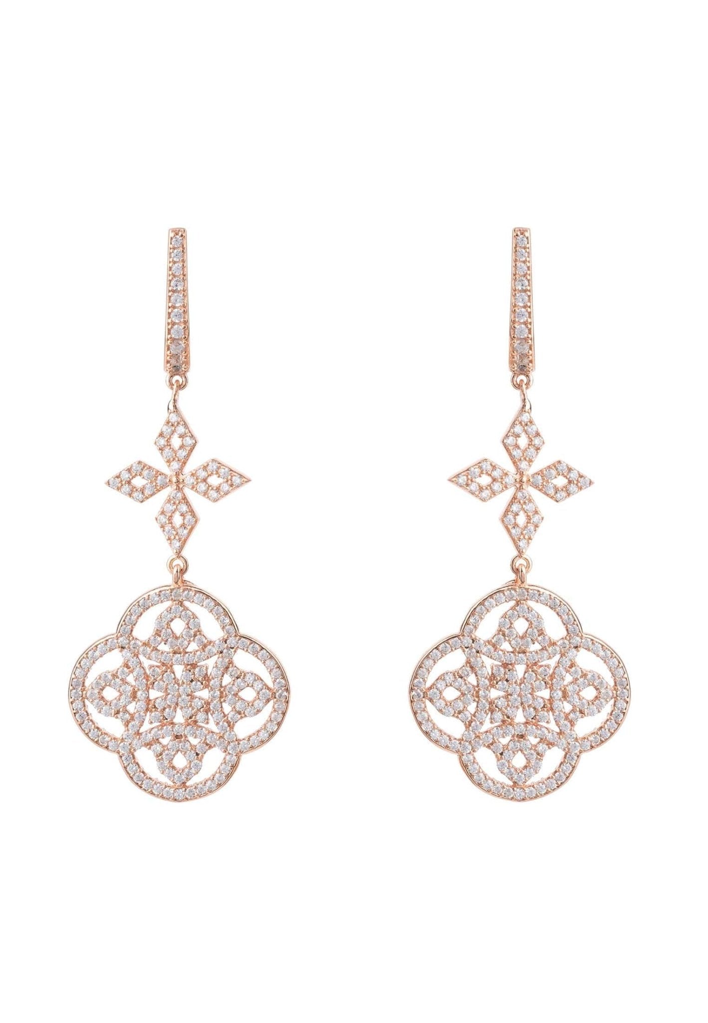 Elegant Celtic Knot Clover Drop Earrings in rosegold with intricate designs and sparkling cubic zirconia.