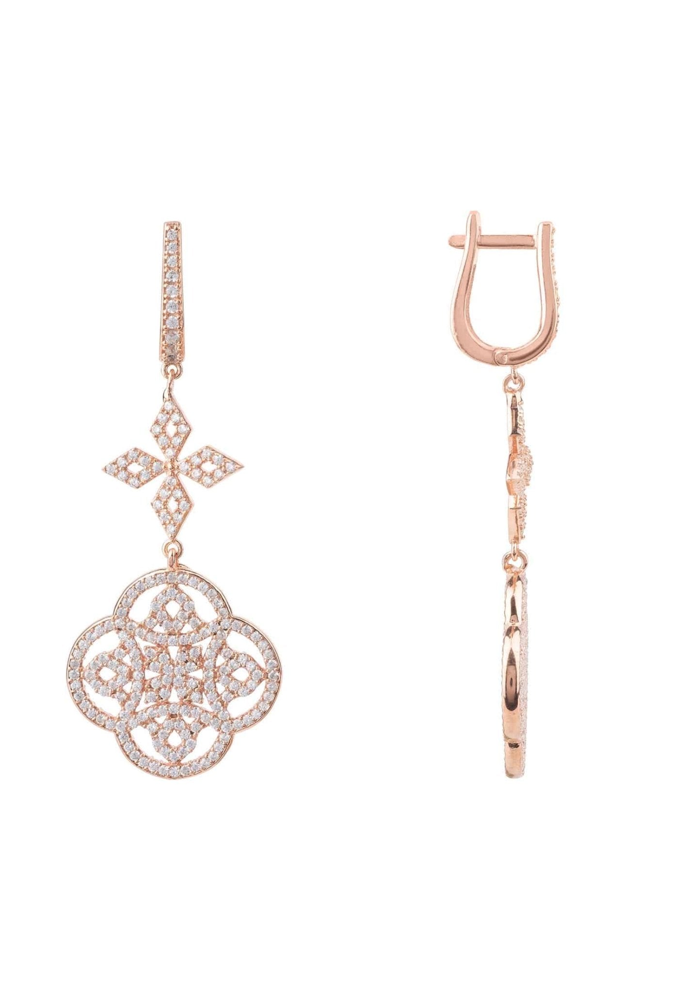 Elegant Celtic Knot Clover Drop Earrings in rosegold with intricate designs and sparkling cubic zirconia.