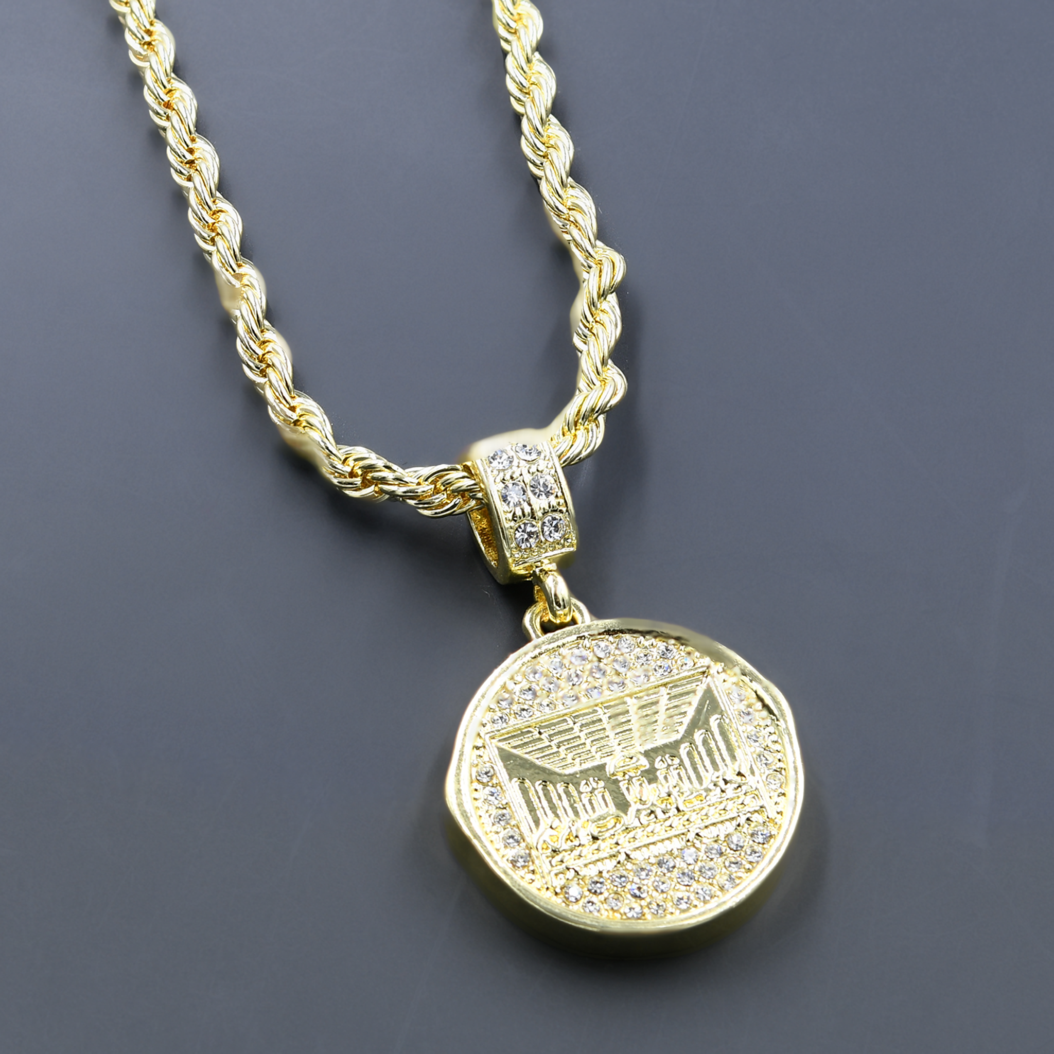 CHAIN AND CHARM - D910212 featuring a crystal-studded pendant on a 24'' rope chain, perfect for hip-hop fashion.