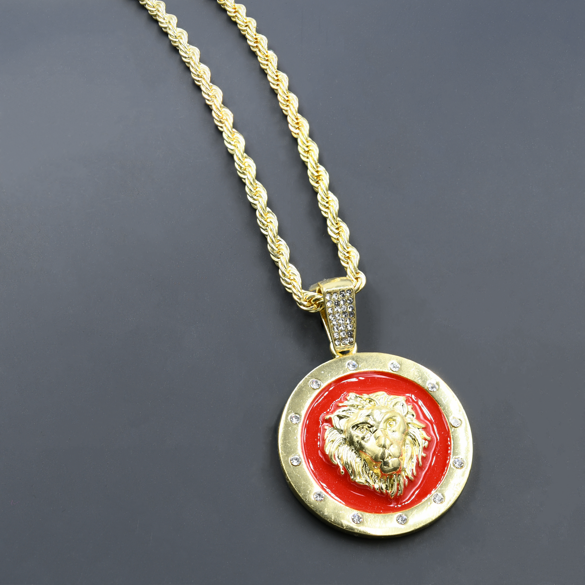 CHAIN AND CHARM - D912752 featuring a crystal stone studded pendant on a 24'' rope chain, showcasing intricate hip-hop jewelry design.