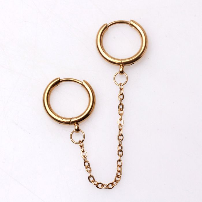 Chained Double Clicker Rings Cartilage Earring in yellow gold plating, featuring two hinged rings connected by a chain.