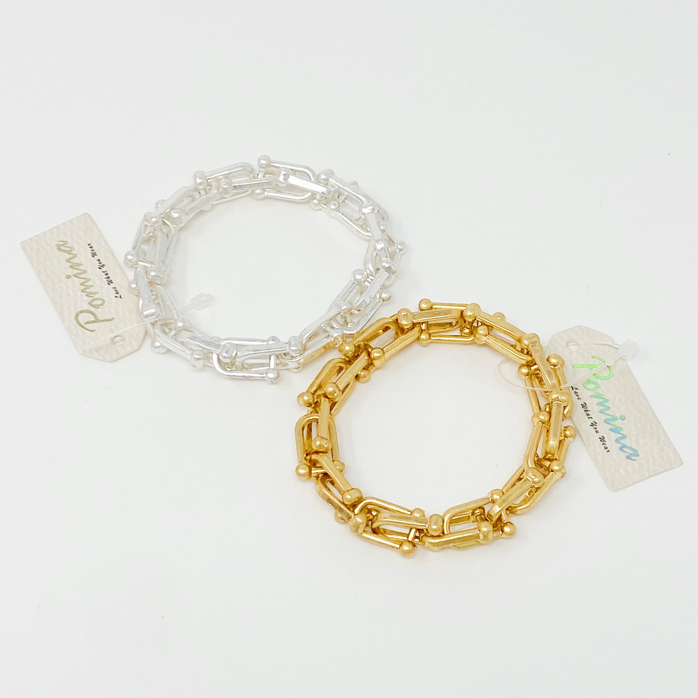 Chained Link Stretch Bracelet featuring a trendy link chain design in a worn gold finish, perfect for stylish accessorizing.