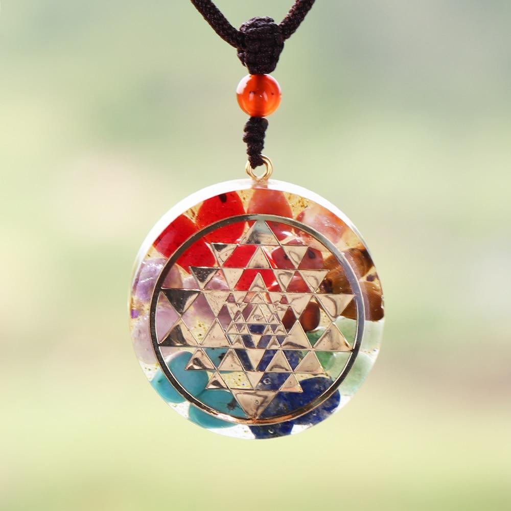 Chakra Orgonite Energy Pendant Necklace featuring Sri Yantra symbol, crafted with natural gemstones and zinc alloy.