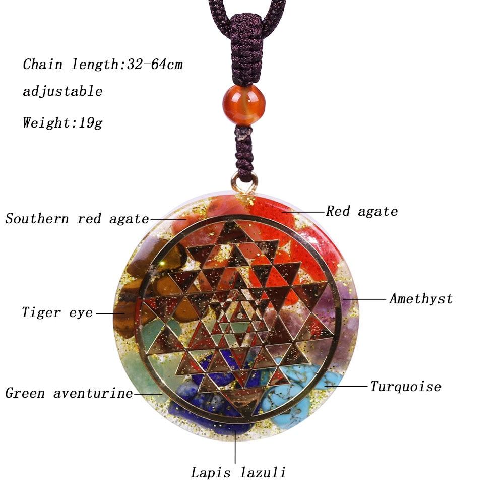 Chakra Orgonite Energy Pendant Necklace featuring Sri Yantra symbol, crafted with natural gemstones and zinc alloy.