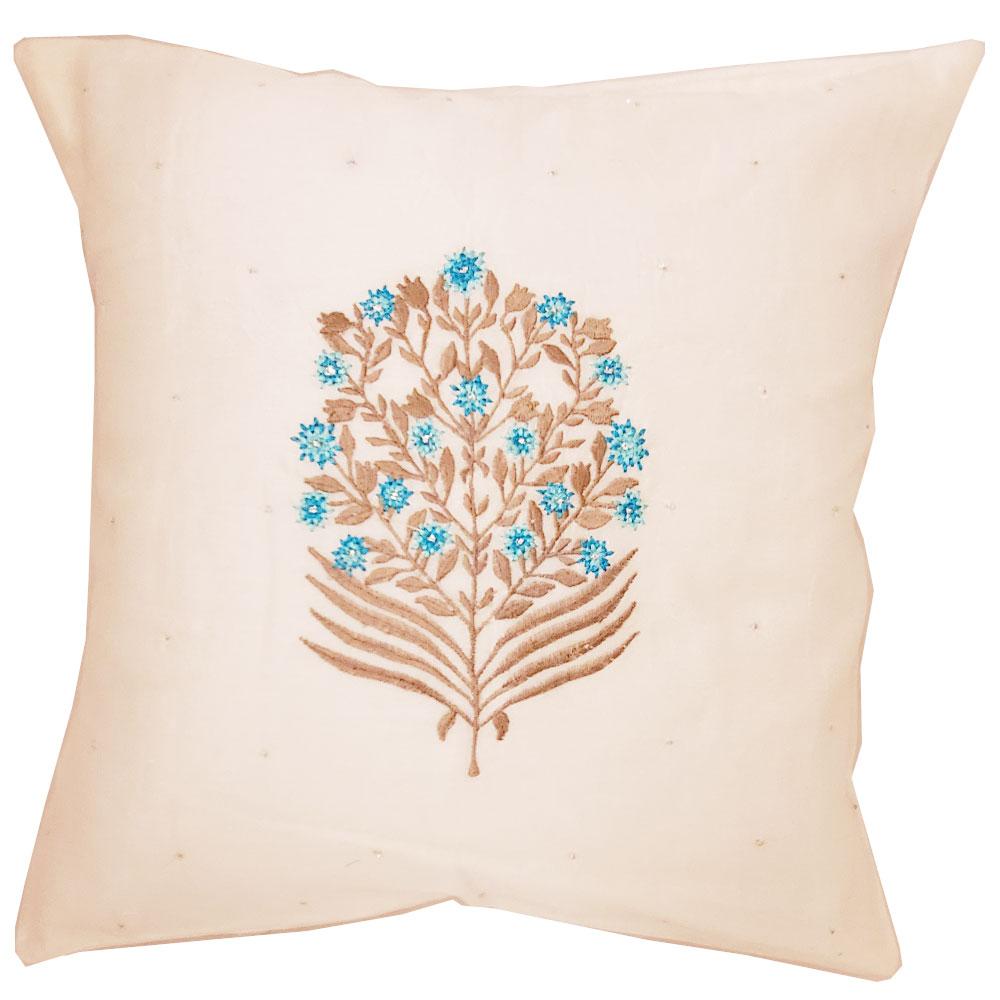 Chanderi Cotton Print Work Premium Silk Fabric Cushion Cover featuring a blue winter flower design, perfect for home decor.