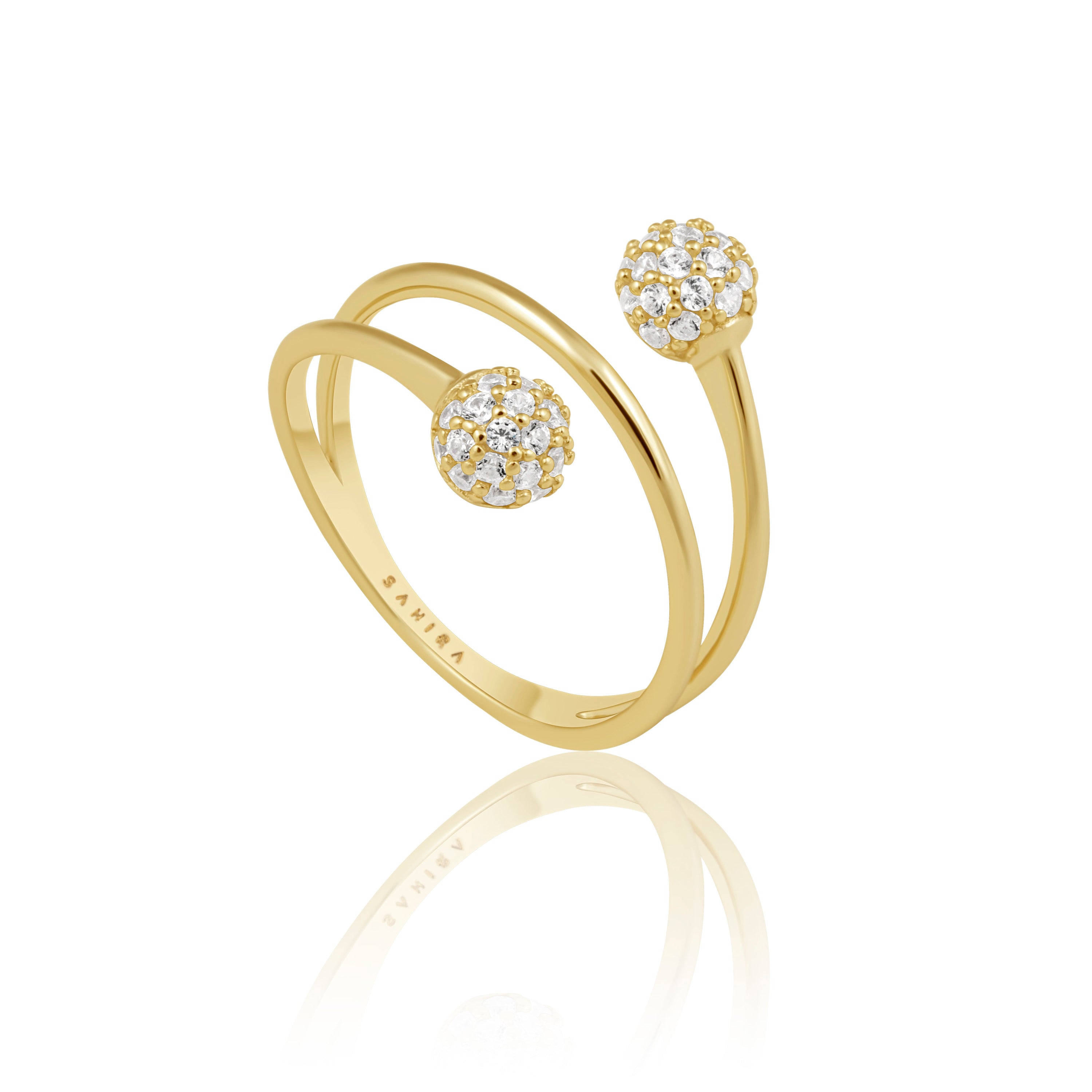 Charlotte Ring featuring CZ adorned spheres on an 18k gold plated band, showcasing elegance and sparkle.