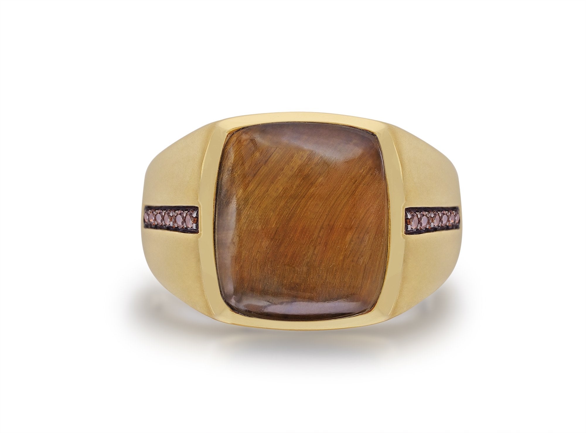 Chatoyant Yellow Tiger Eye Stone & Champagne Diamond Signet Ring, featuring a rich yellow tiger eye stone and sparkling champagne diamonds in a 14K Yellow Gold plated setting.