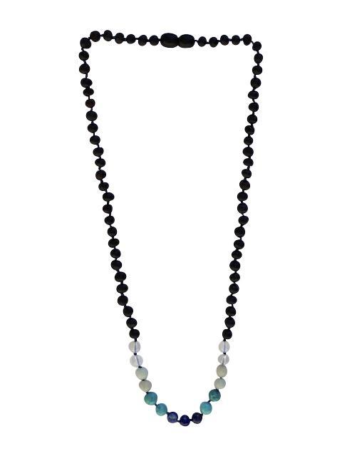 Cherry Amber and Turquoise Adult necklace featuring raw cherry and blue rainbow colors, designed for natural healing and relief.