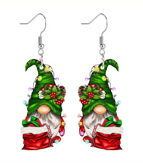 Festive Christmas Gnome Earrings featuring a colorful Xmas sack design, perfect for holiday celebrations.