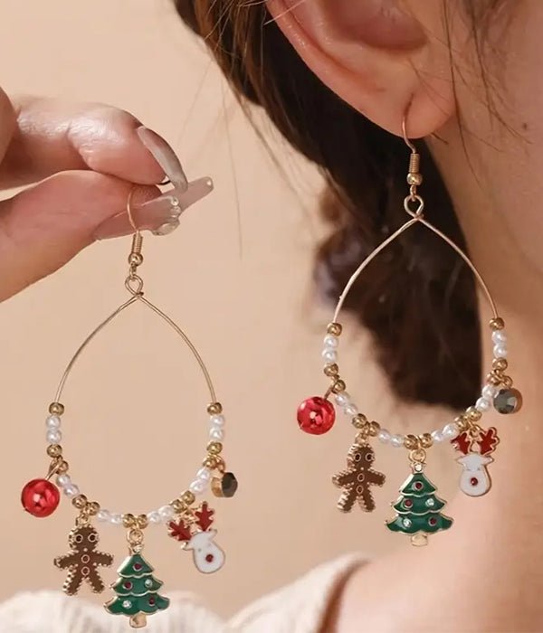 Christmas Multi Charm Wire Teardrop Earrings featuring colorful holiday charms and a gold wire design, perfect for festive occasions.