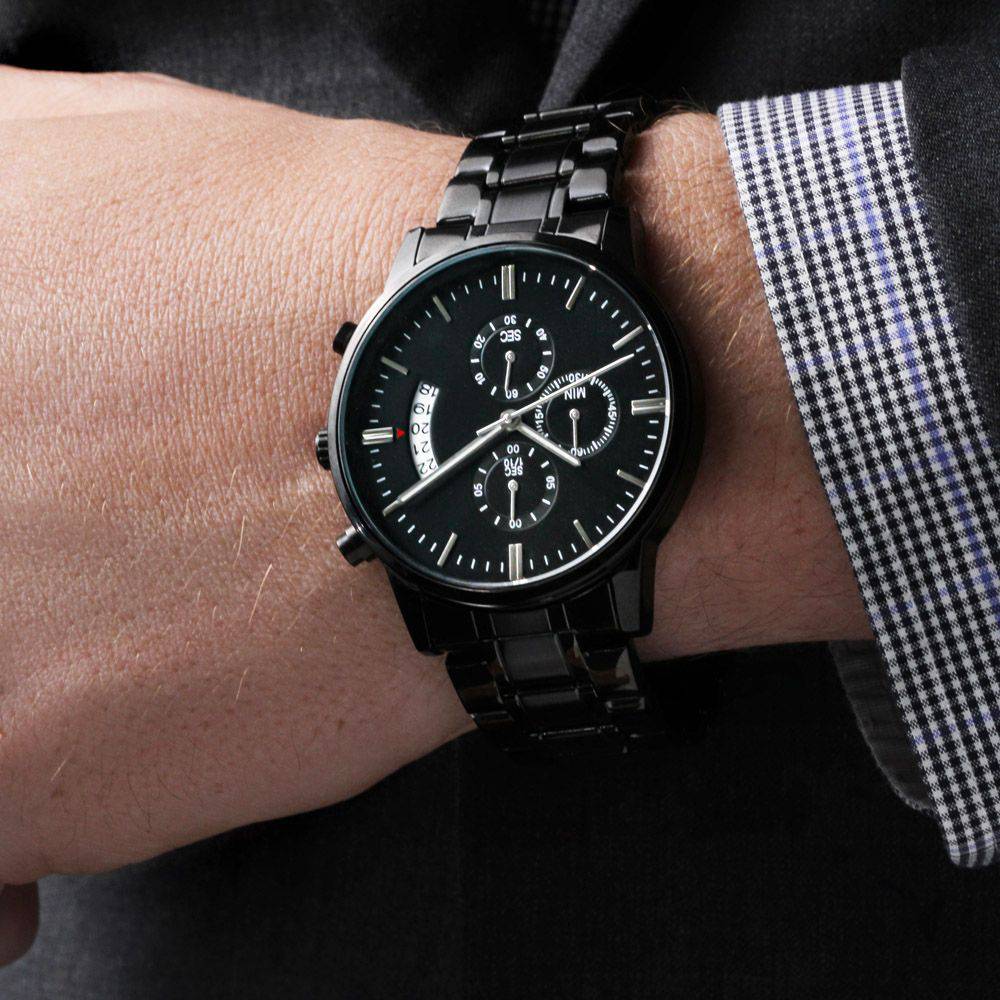 Customizable Engraved Black Chronograph Watch with luxury copper dial and stainless steel body, showcasing three dials and an adjustable clasp.