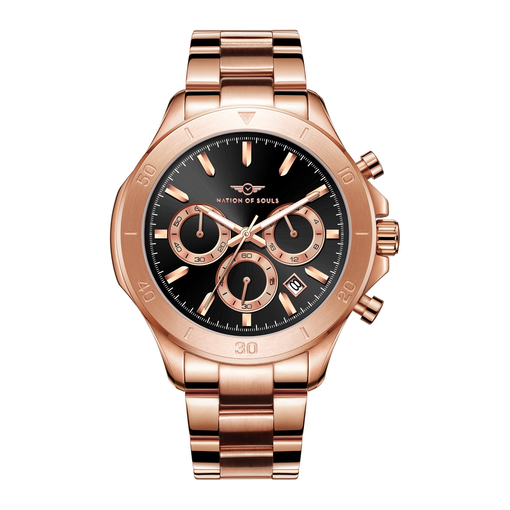 Chronograph One watch in rose gold and black with a stainless steel case and bracelet, featuring a chronograph stopwatch and a sunray dial.