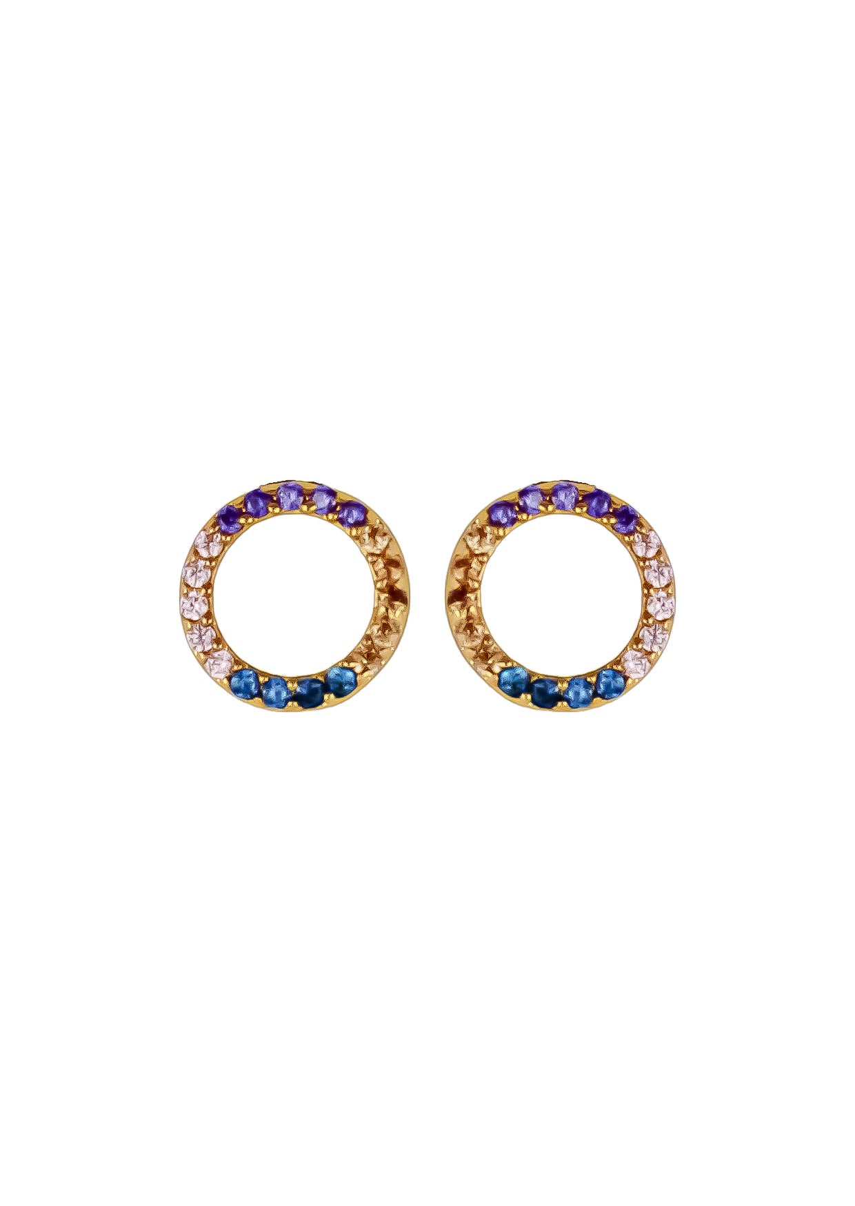 Elegant 18K gold-plated circle earrings adorned with sparkling zirconia stones, designed for pierced ears and hypoallergenic for sensitive skin.