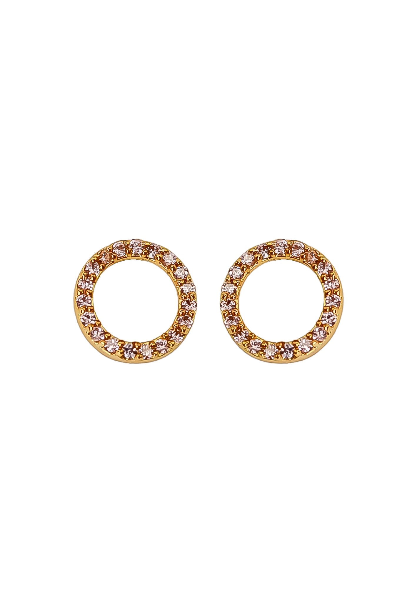 Elegant 18K gold-plated circle earrings adorned with sparkling zirconia stones, designed for pierced ears and hypoallergenic for sensitive skin.
