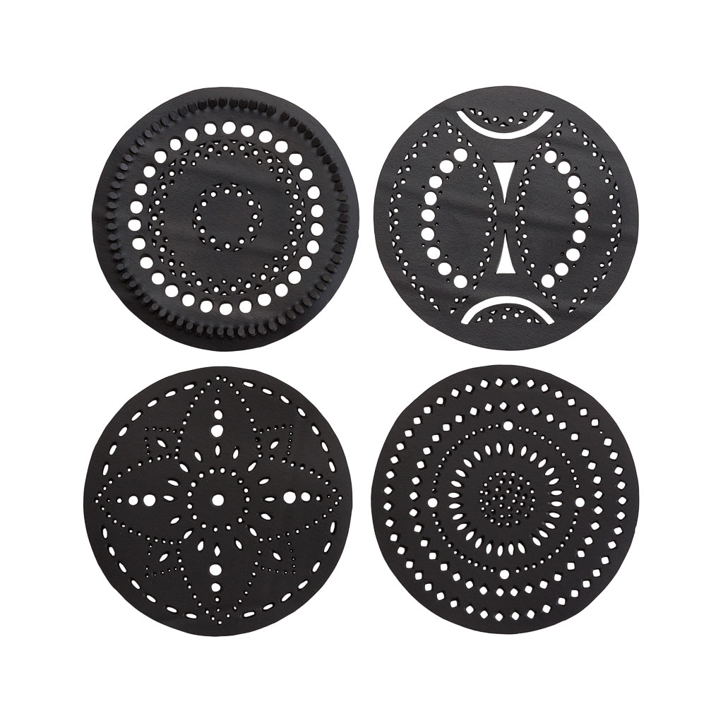 A set of two handcrafted circle coasters made from recycled rubber, showcasing unique designs and textures.