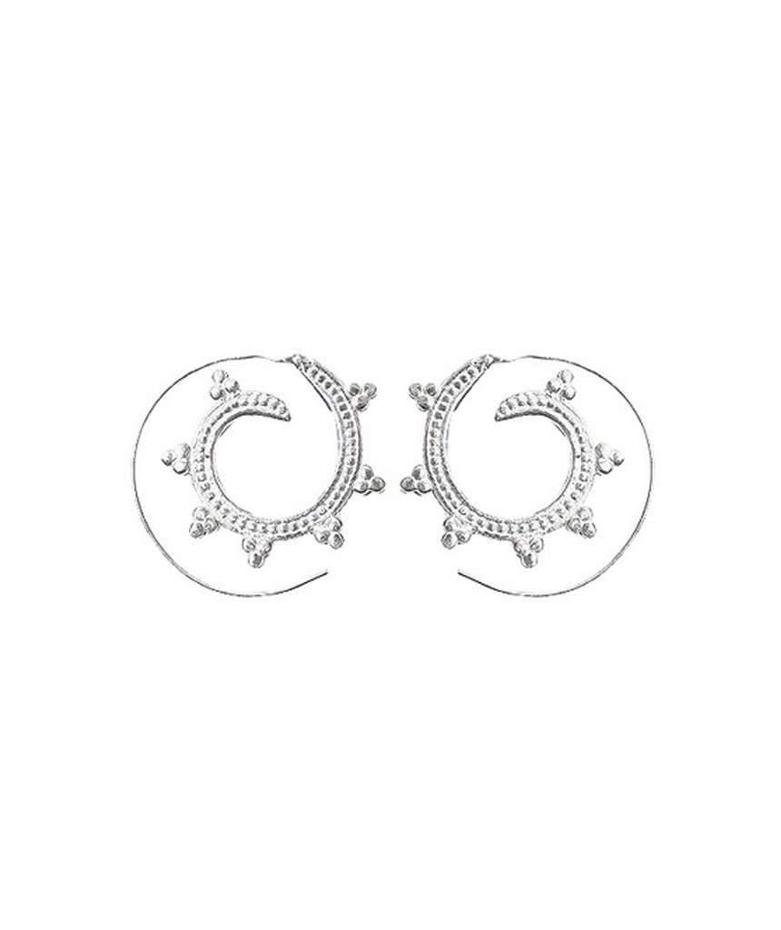A pair of elegant Circular Swivel Hoop Earrings featuring intricate designs, made from brass and silver, perfect for summer outfits.