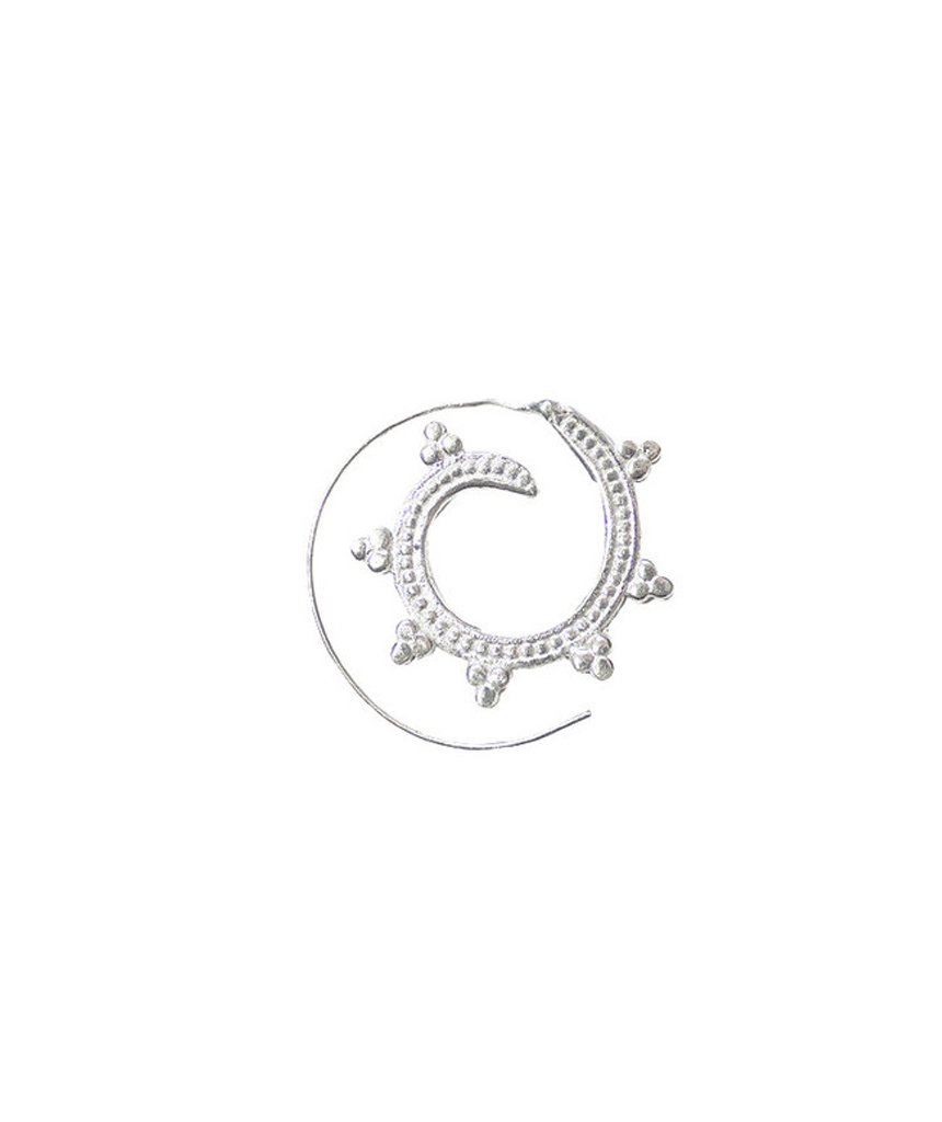 A pair of elegant Circular Swivel Hoop Earrings featuring intricate designs, made from brass and silver, perfect for summer outfits.