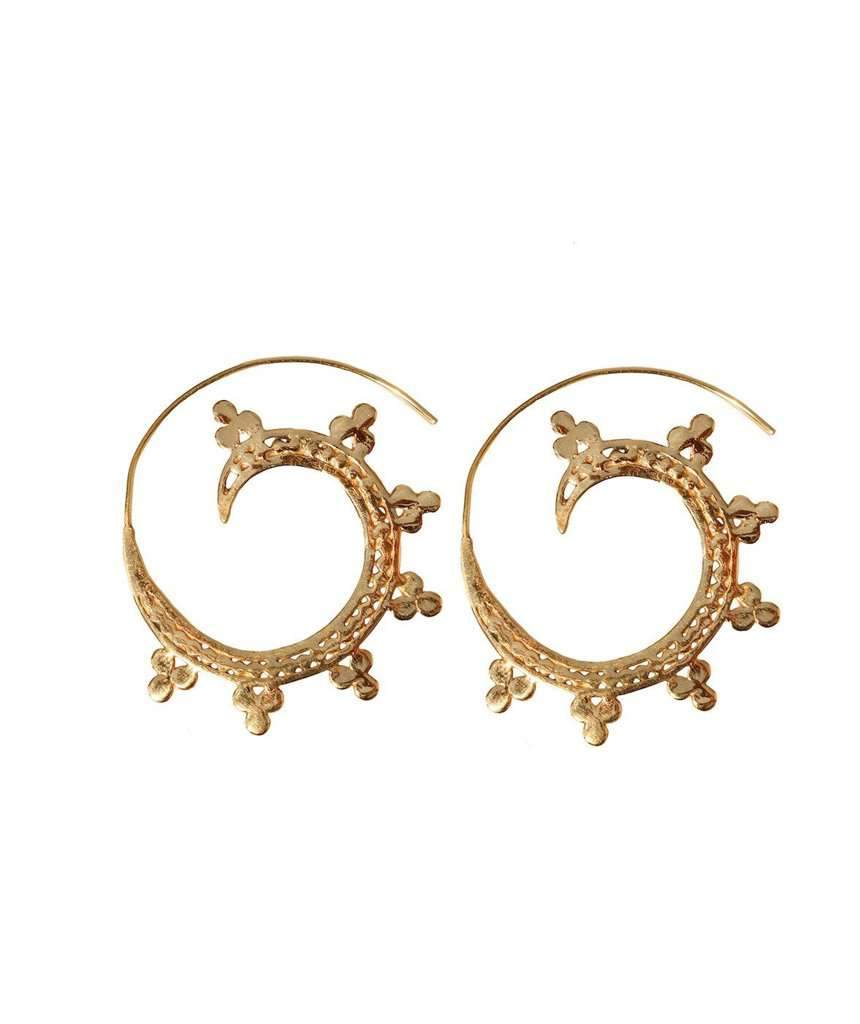 A pair of elegant Circular Swivel Hoop Earrings featuring intricate designs, made from brass and silver, perfect for summer outfits.