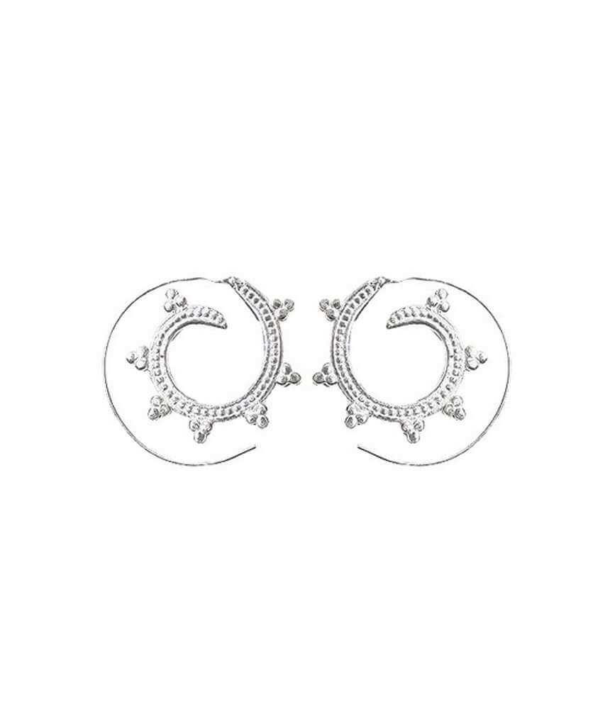A pair of elegant Circular Swivel Hoop Earrings featuring intricate designs, made from brass and silver, perfect for summer outfits.