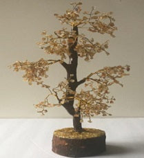 A handmade Citrine Gemstone Tree with 500 natural crystal chips, featuring twisted metal branches and a wooden base, standing 11-13 inches tall.