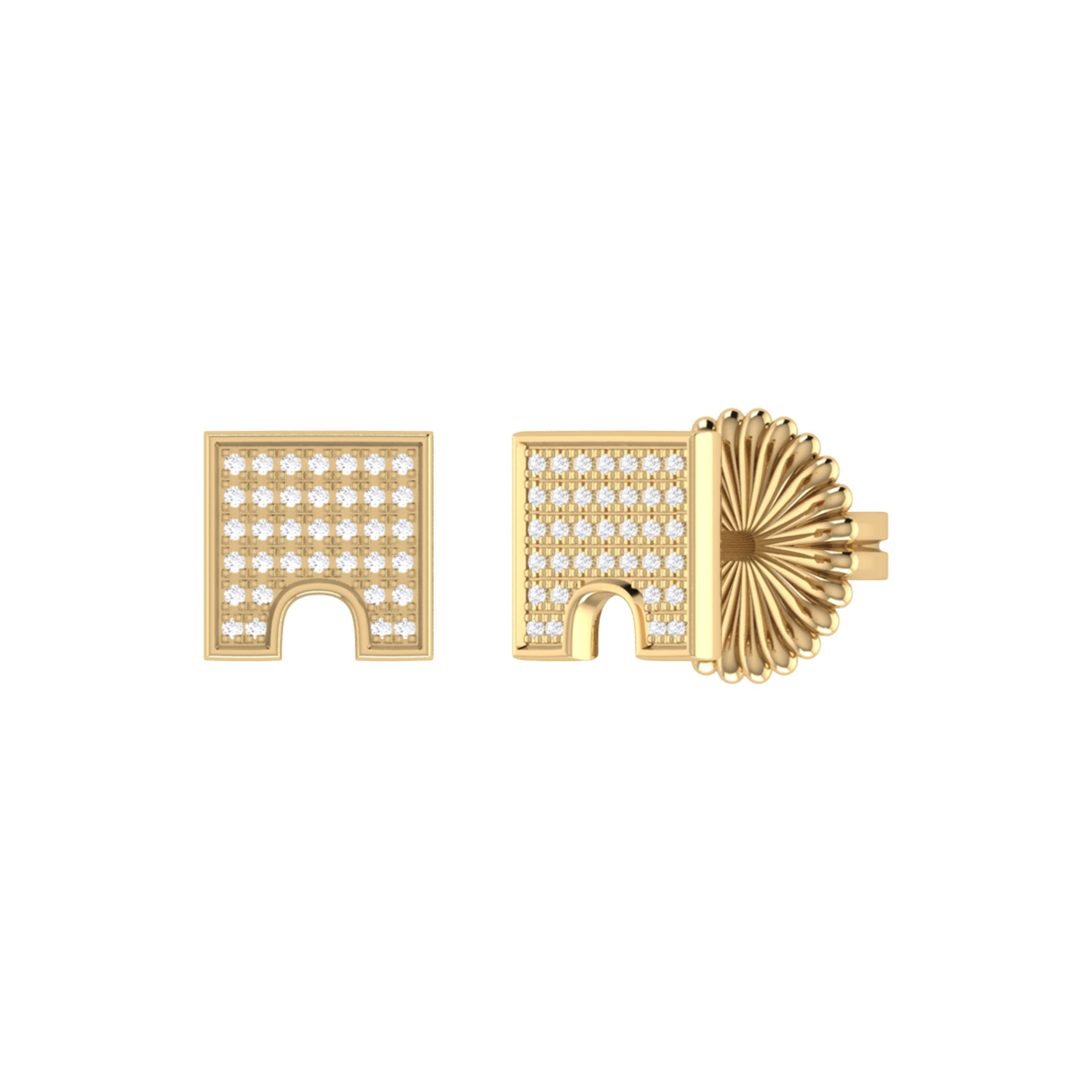 City Arches Square Diamond Stud Earrings in 14K Yellow Gold Vermeil, featuring genuine diamonds set in a micro pave design, elegantly displayed.