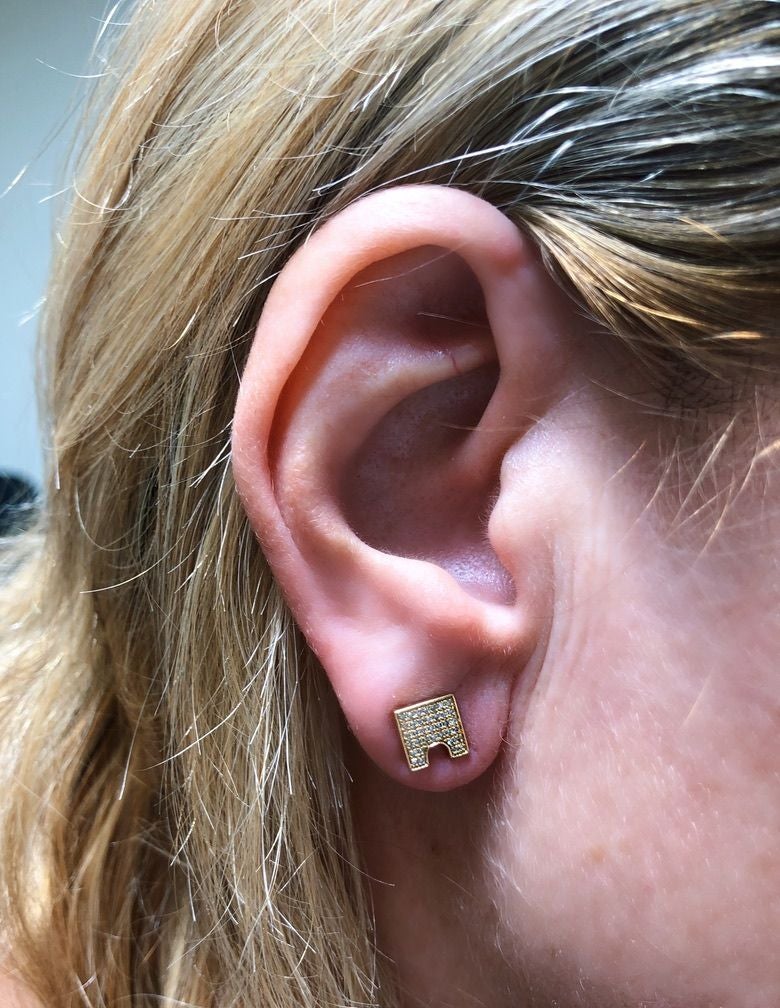 City Arches Square Diamond Stud Earrings in 14K Yellow Gold Vermeil, featuring genuine diamonds set in a micro pave design, elegantly displayed.