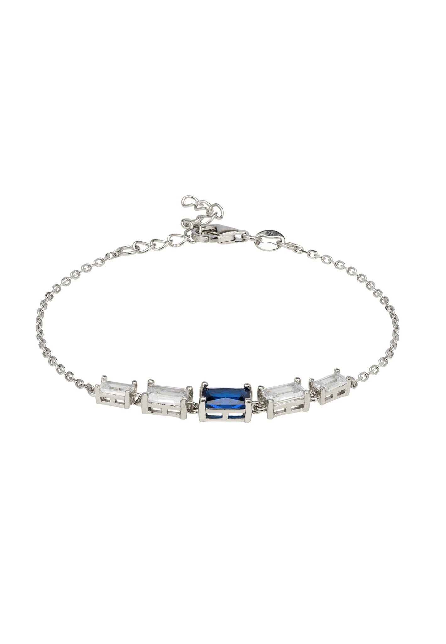 Clara Gemstone Bracelet featuring a lab-created sapphire and cubic zirconia accents on a silver chain, showcasing elegance and luxury.
