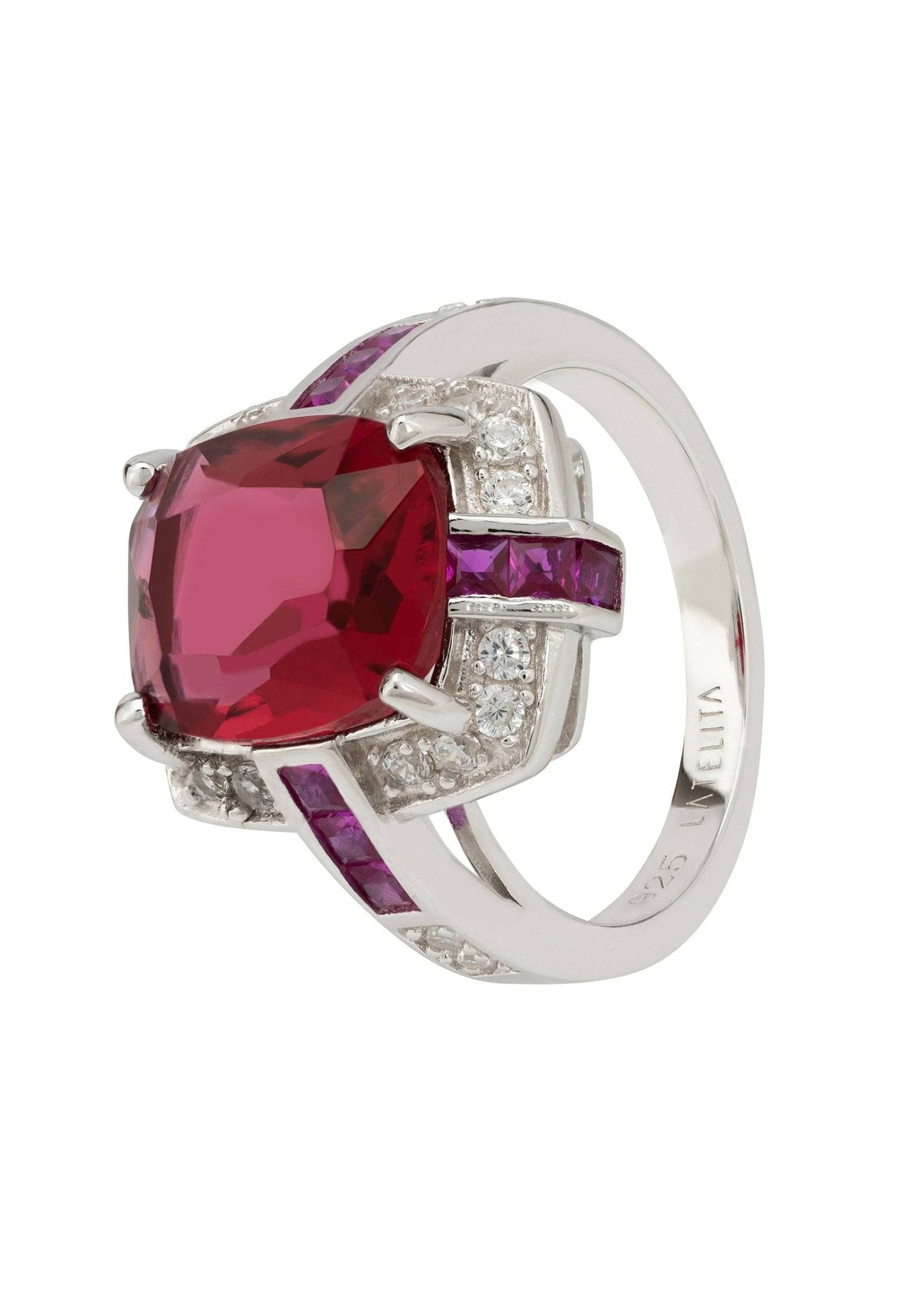 Clarence Silver Ring featuring a central cultured ruby surrounded by white zircons and cushion cut rubies, set in 925 sterling silver.