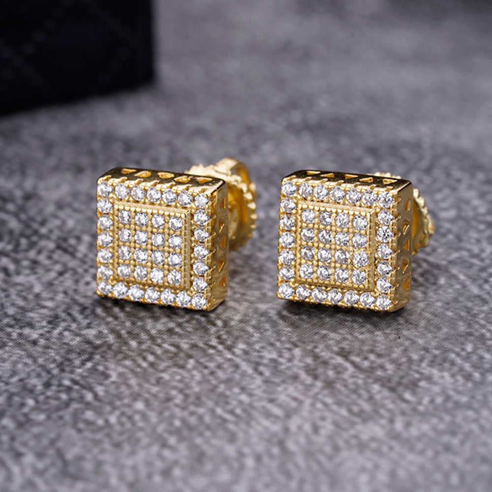 A pair of elegant CLARUS sterling silver earrings featuring cubic zircon stones, designed as screw back studs with a square shape.