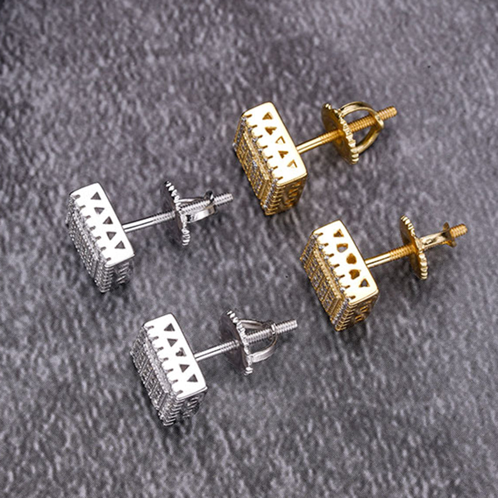 A pair of elegant CLARUS sterling silver earrings featuring cubic zircon stones, designed as screw back studs with a square shape.