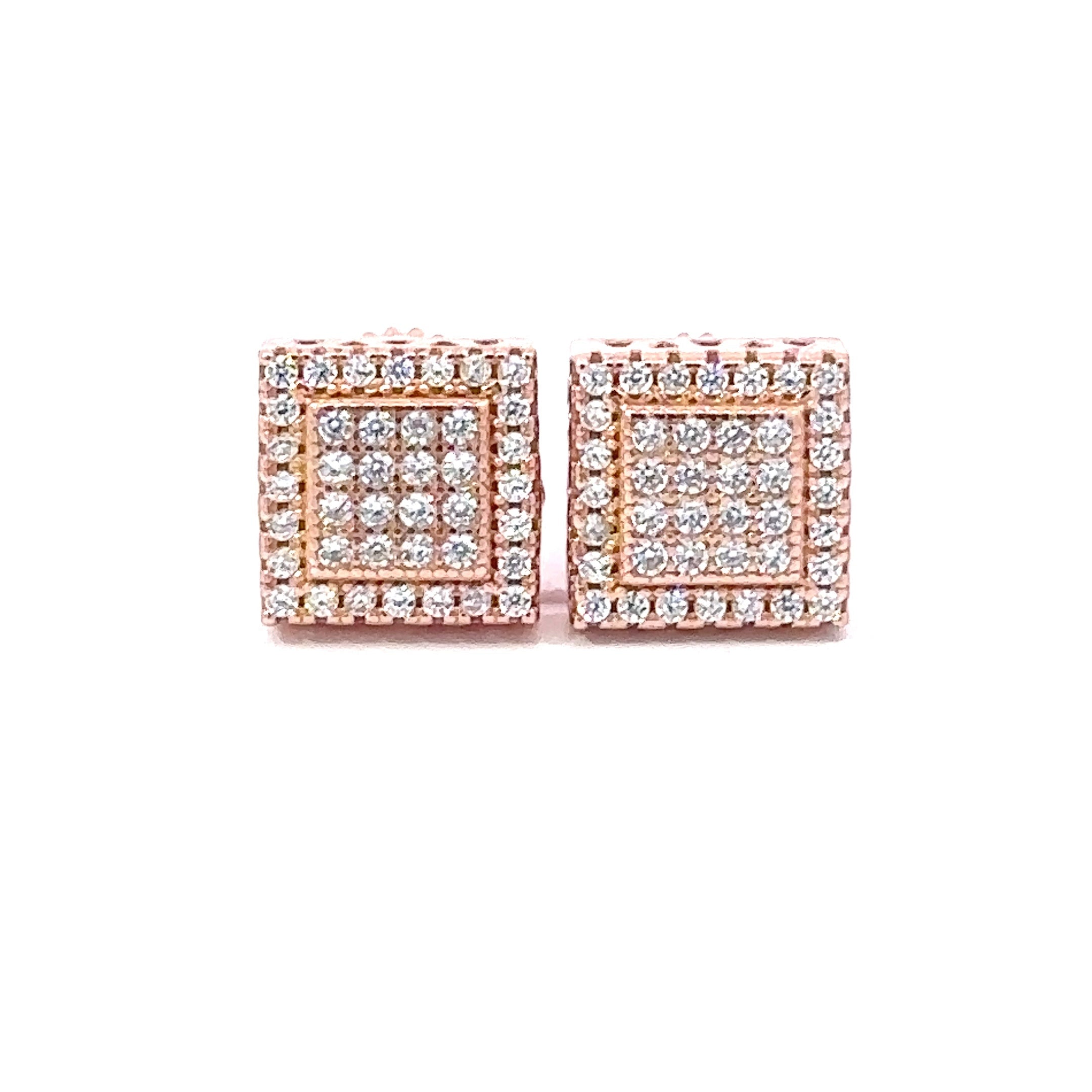A pair of elegant CLARUS sterling silver earrings featuring cubic zircon stones, designed as screw back studs with a square shape.