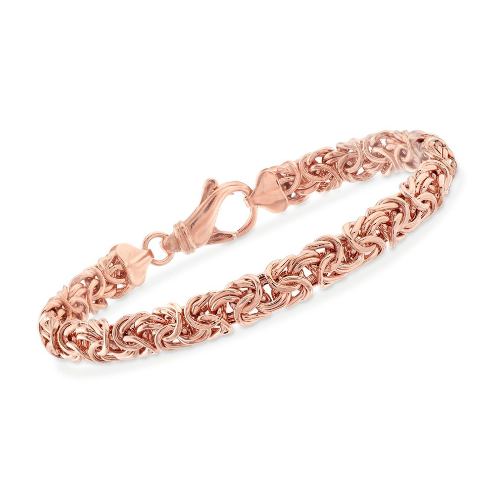 Classic 14K rose gold plated Byzantine design chain bracelet with lobster clasp, showcasing intricate interwoven links.