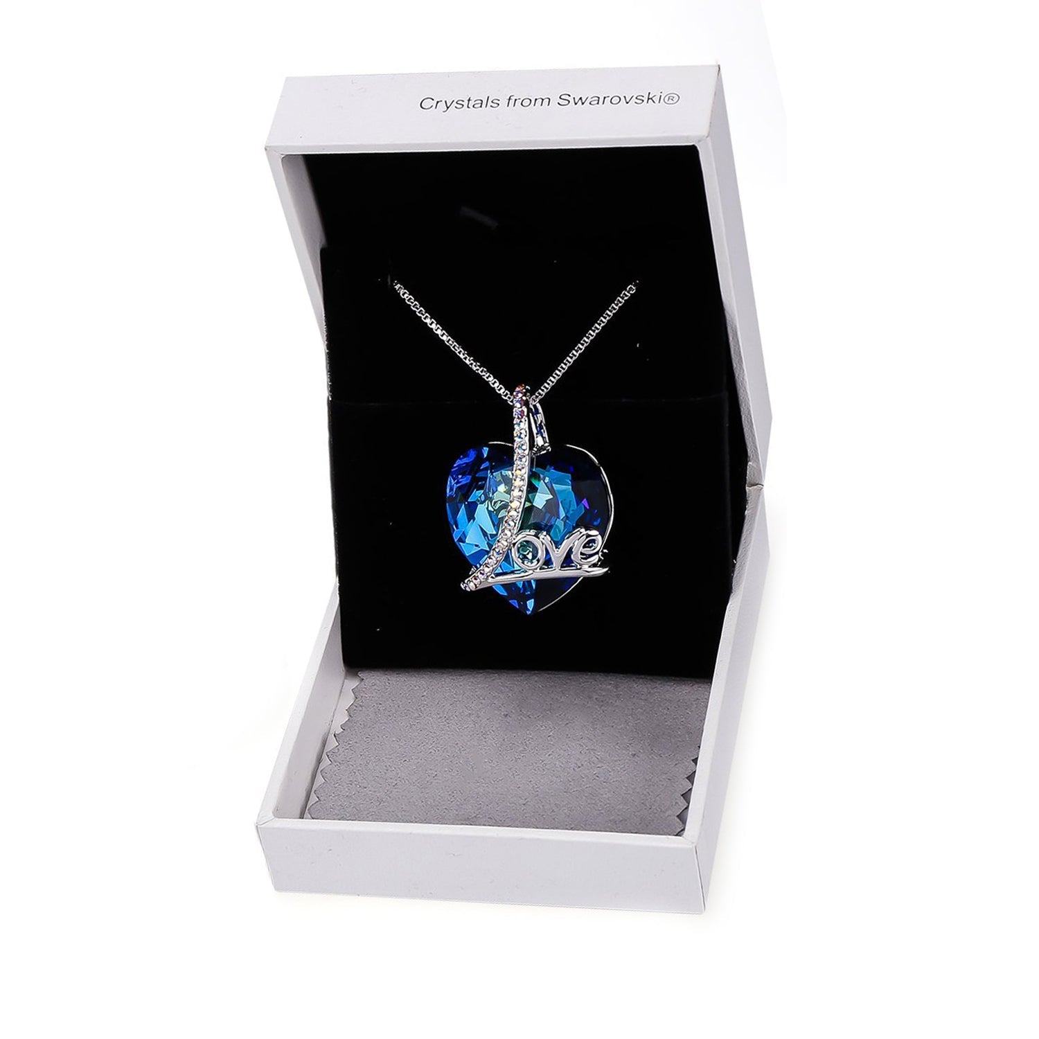 Classic Blue Love Heart Necklace featuring a heart-shaped Bermuda blue cubic zirconia stone on a rhodium plated link chain.