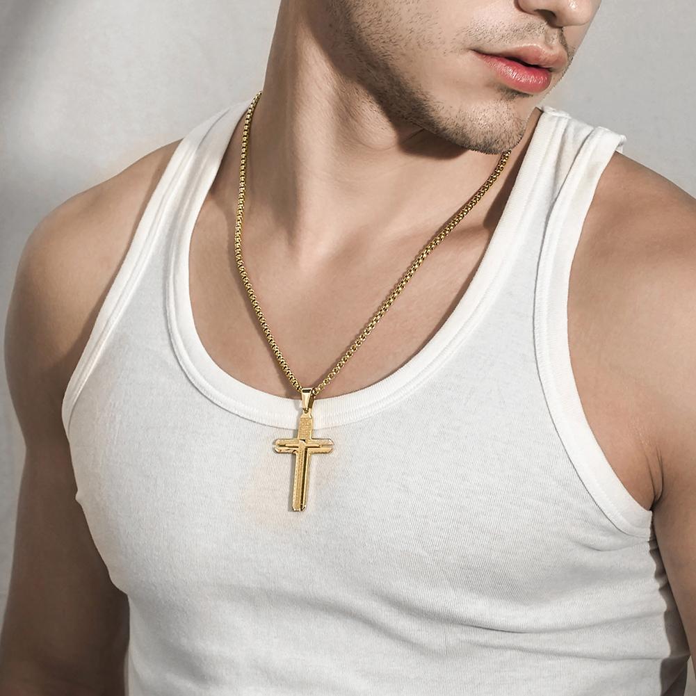Classic Cross Pendant Necklace made of 316L surgical stainless steel with 14K gold plating, showcasing its elegant design.