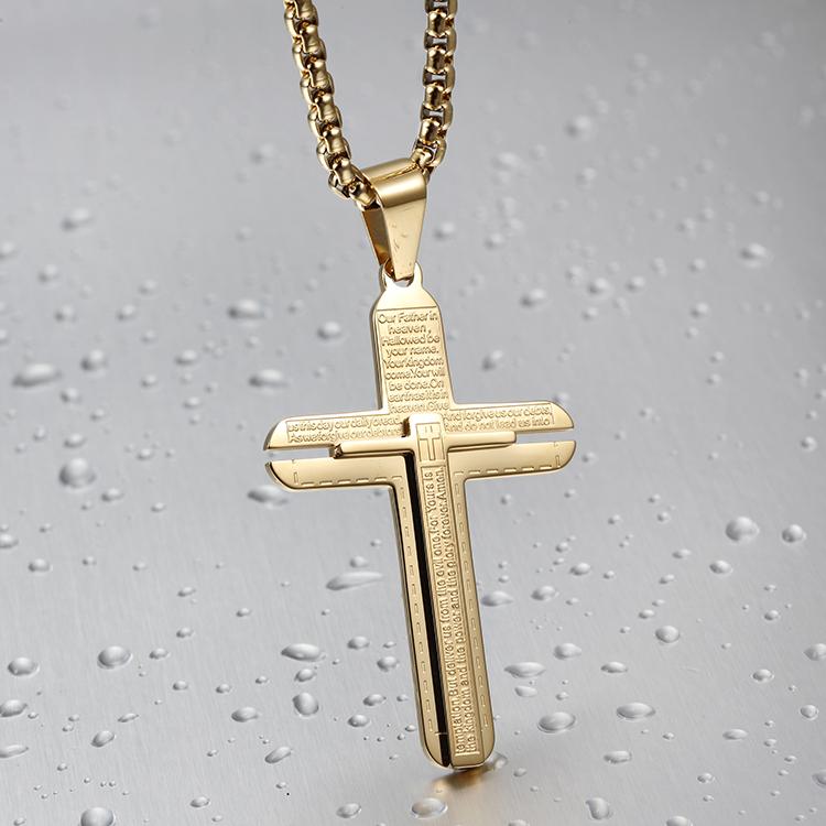 Classic Cross Pendant Necklace made of 316L surgical stainless steel with 14K gold plating, showcasing its elegant design.