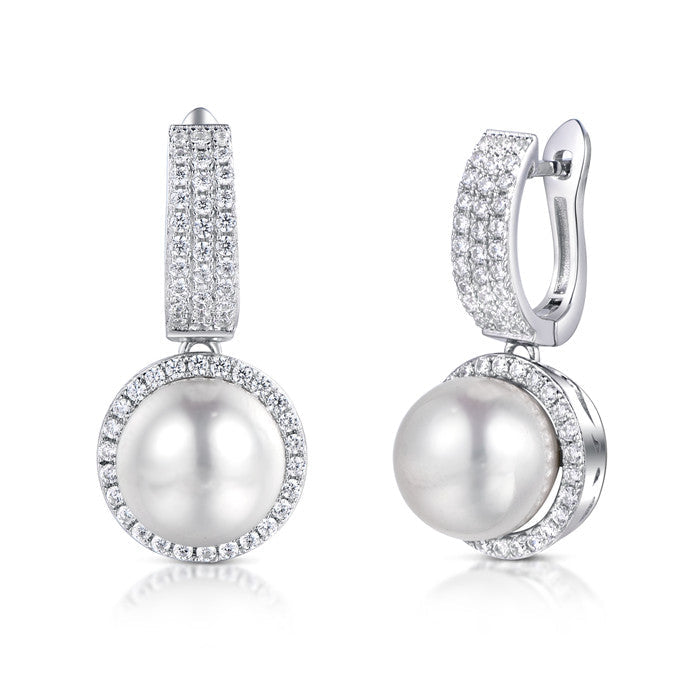 Classic elegant circle pearl earrings made of 925 sterling silver with white gold finish, featuring white sapphire and shell pearl.