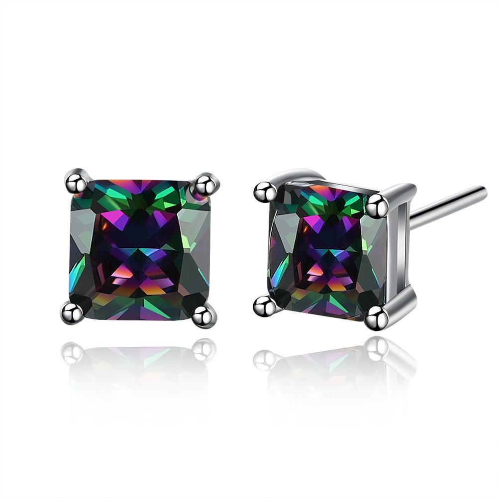 Elegant Classic Shaped Mystic Topaz Stud Earrings in 18K white gold plating, featuring certified crystals and a comfortable fit.
