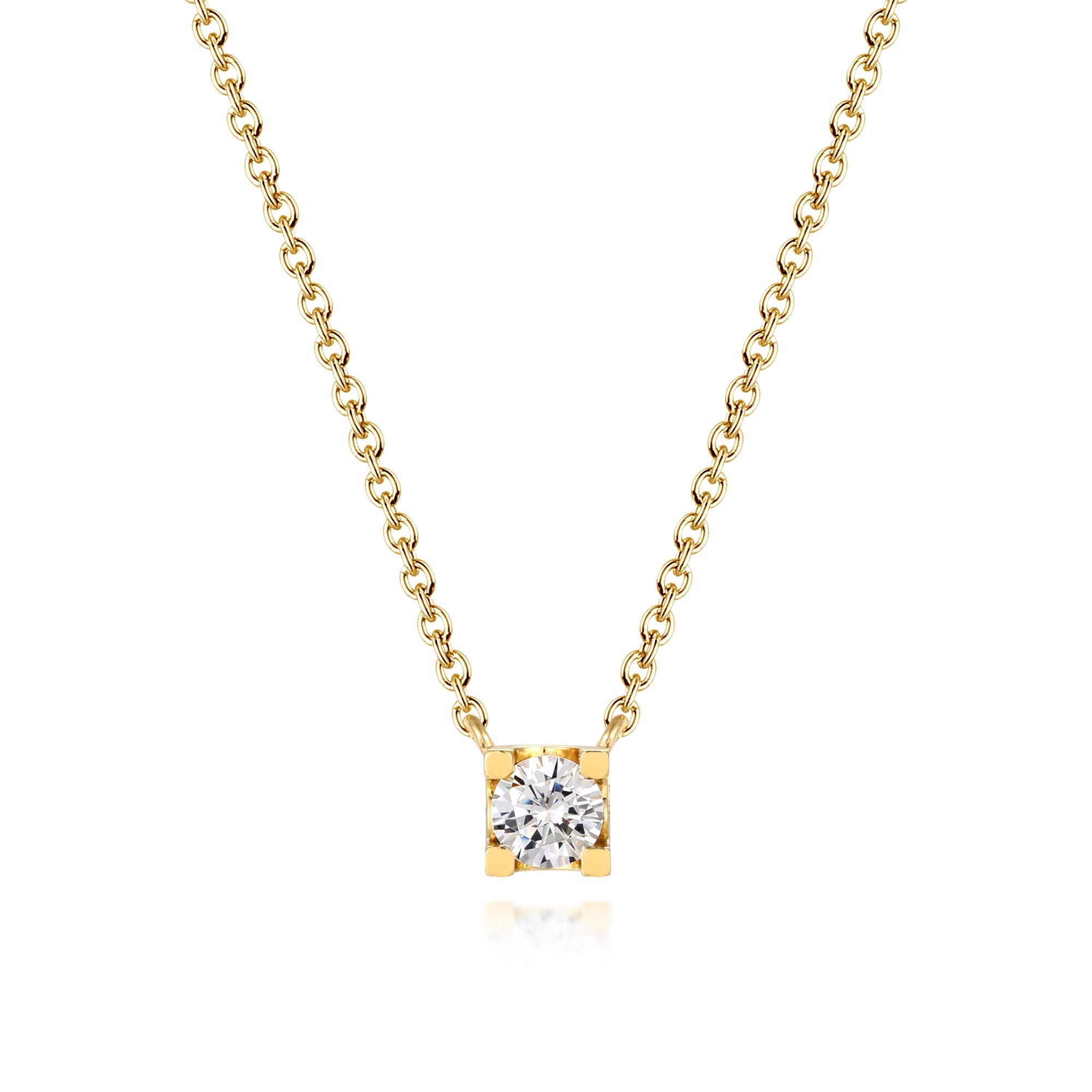 A classic solitaire necklace featuring a white sapphire set in 925 sterling silver with a real 18K gold surface, elegantly displayed on a soft background.