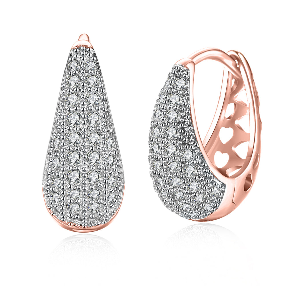 Classic teardrop huggie earrings in 18K rose gold plating, elegantly designed for comfort and style.