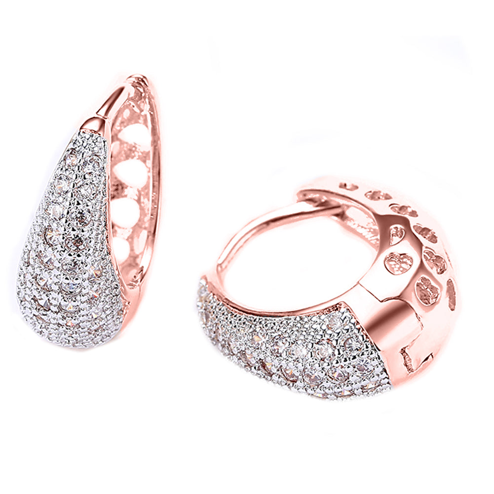Classic teardrop huggie earrings in 18K rose gold plating, elegantly designed for comfort and style.