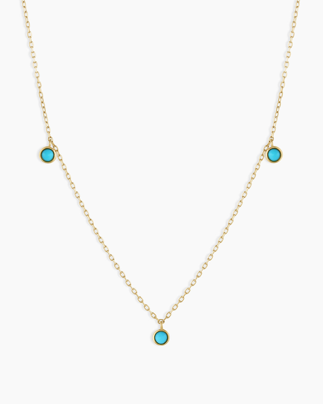 Classic Turquoise Trio Necklace featuring three vibrant turquoise gemstones and sparkling lab-grown diamonds, elegantly designed for any occasion.
