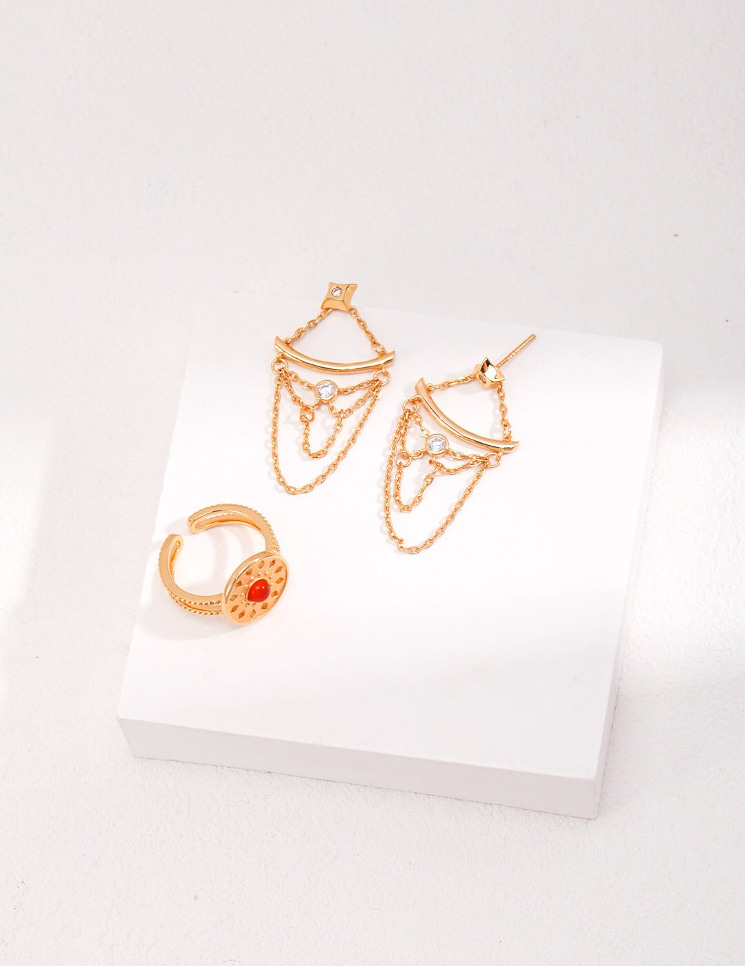 Handmade Classical Totem Red Agate Ring featuring a vibrant red agate stone set in sterling silver with gold vermeil plating.